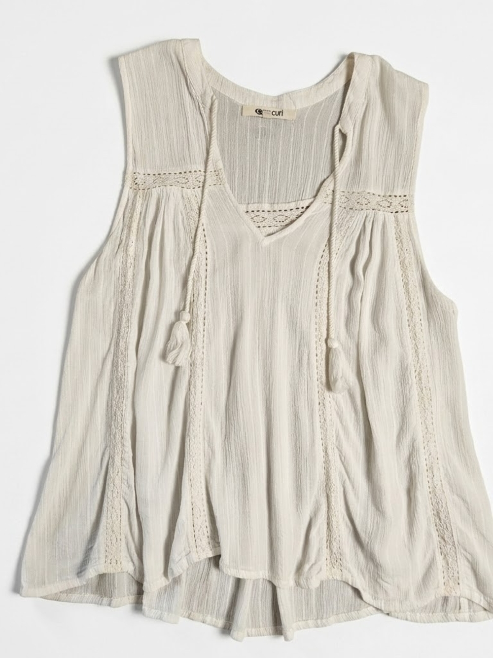 Rip Curl White Crinkle Gauze Boho Crochet Lace Tassel Tank Top L